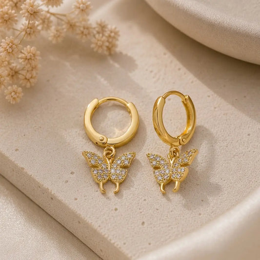 Papillon Diamond Drop Hoop Earrings 18K Gold Plated