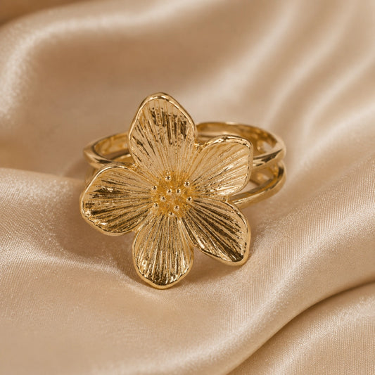 Golden Bloom Floral Ring Adjustable