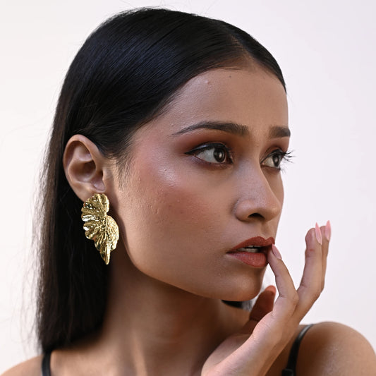 Golden Tropical Leaf Statement Stud Earrings
