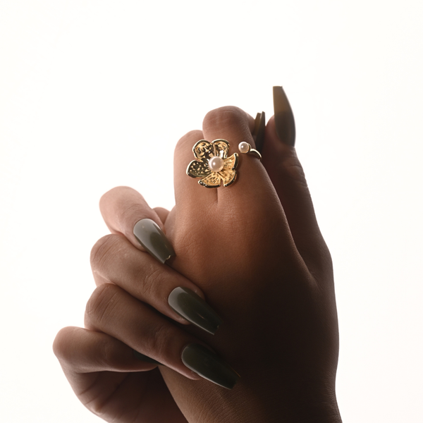 Pearl-Accented Golden Floral Blossom Ring