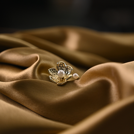 Pearl-Accented Golden Floral Blossom Ring