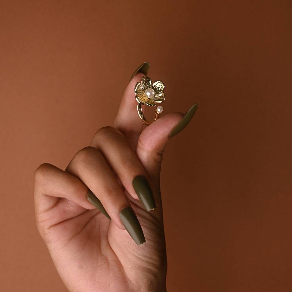 Pearl-Accented Golden Floral Blossom Ring