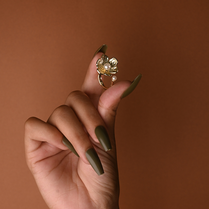 Pearl-Accented Golden Floral Blossom Ring