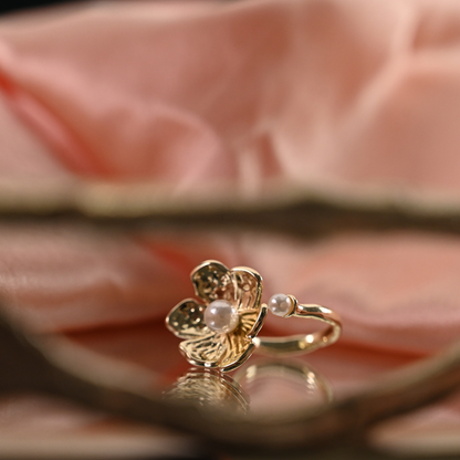Pearl-Accented Golden Floral Blossom Ring