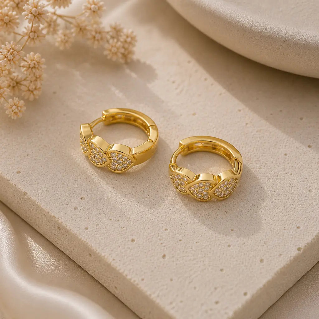 Amour Pave Triple Heart Huggie Earrings 18K Gold Plated