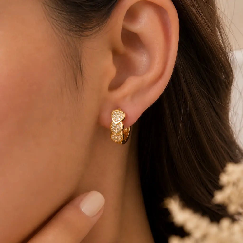 Amour Pave Triple Heart Huggie Earrings 18K Gold Plated