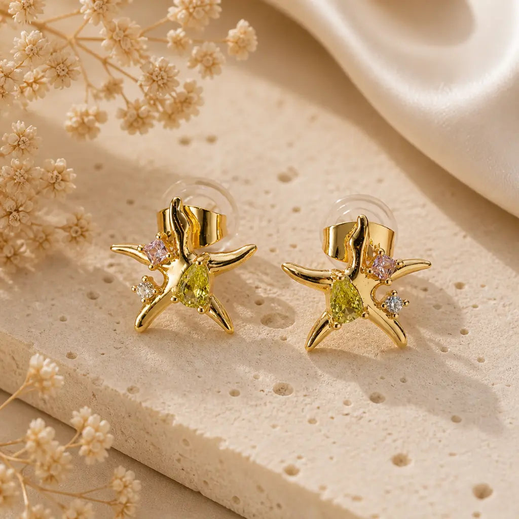 Oceanis Crystal Starfish Stud Earrings 18K Gold Plated