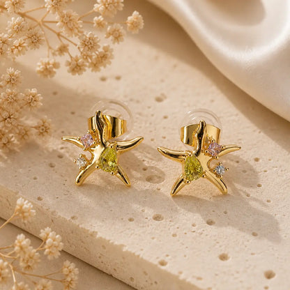 Oceanis Crystal Starfish Stud Earrings 18K Gold Plated