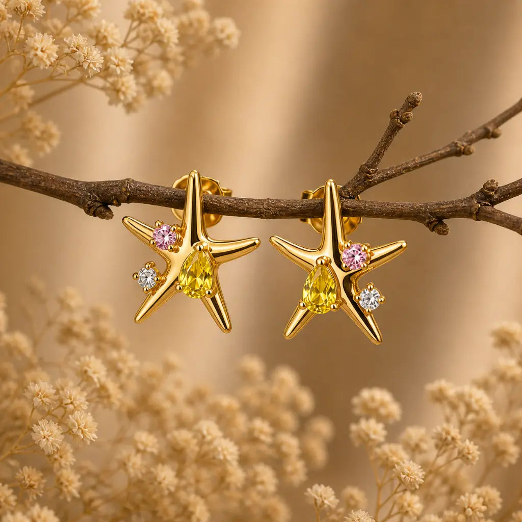 Oceanis Crystal Starfish Stud Earrings 18K Gold Plated