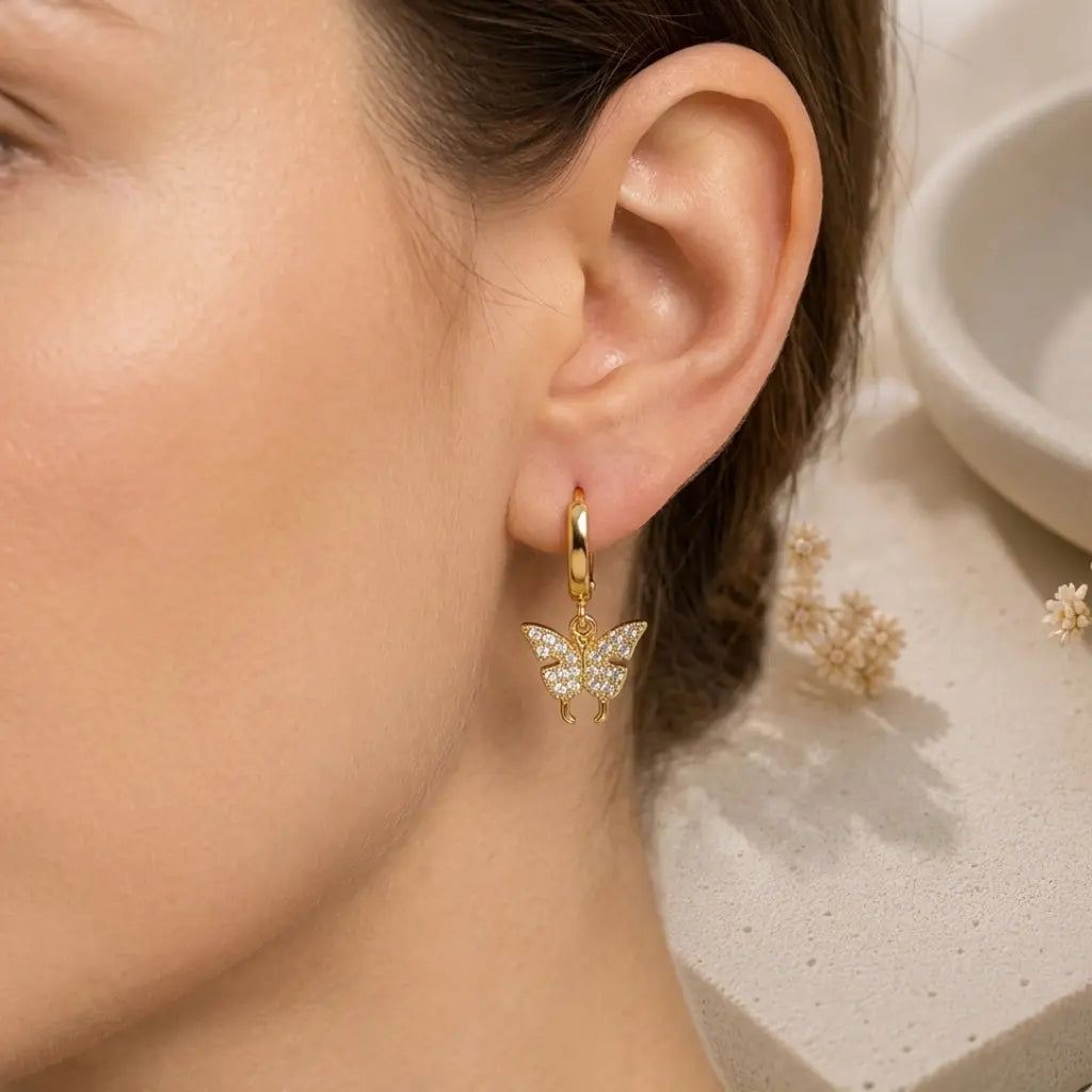 Papillon Diamond Drop Hoop Earrings 18K Gold Plated