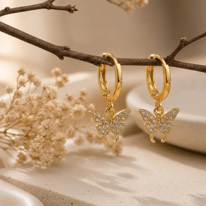 Papillon Diamond Drop Hoop Earrings 18K Gold Plated