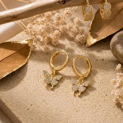 Papillon Diamond Drop Hoop Earrings 18K Gold Plated