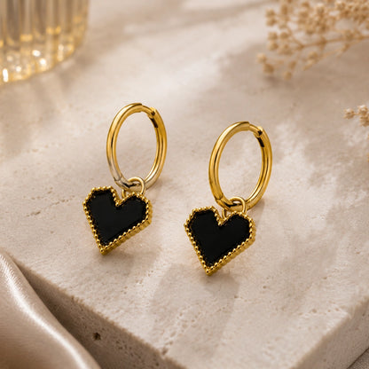 Midnight Heart Hoop Earrings Gold Charm