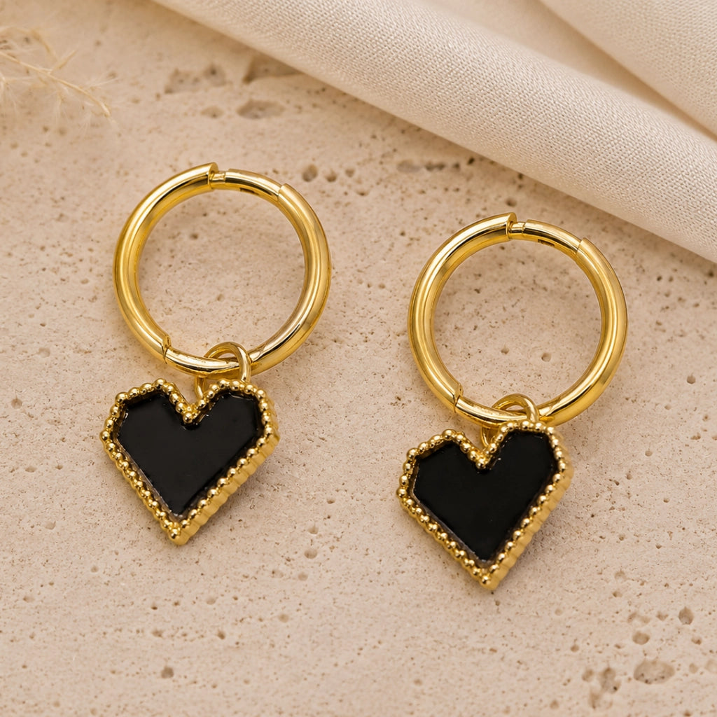 Midnight Heart Hoop Earrings Gold Charm