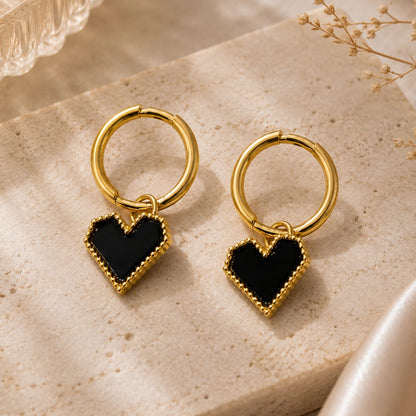 Midnight Heart Hoop Earrings Gold Charm
