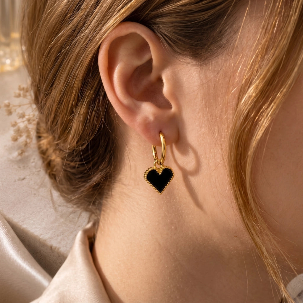 Midnight Heart Hoop Earrings Gold Charm