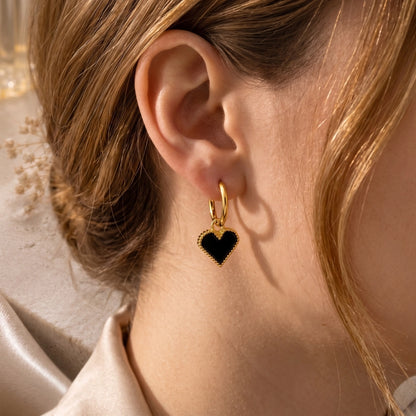 Midnight Heart Hoop Earrings Gold Charm