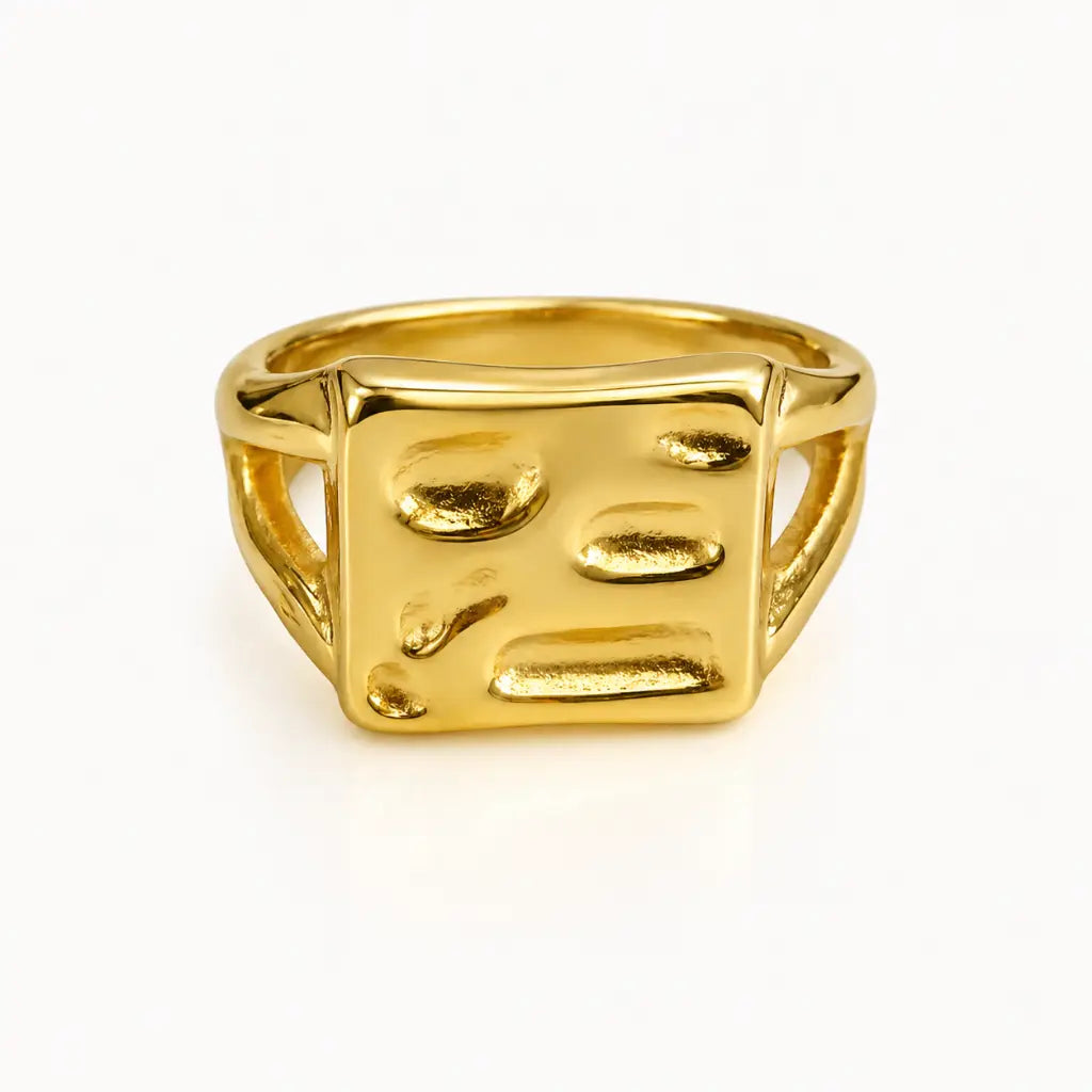 Geo-Matrix Textured Square Signet Ring 18K Gold Plated