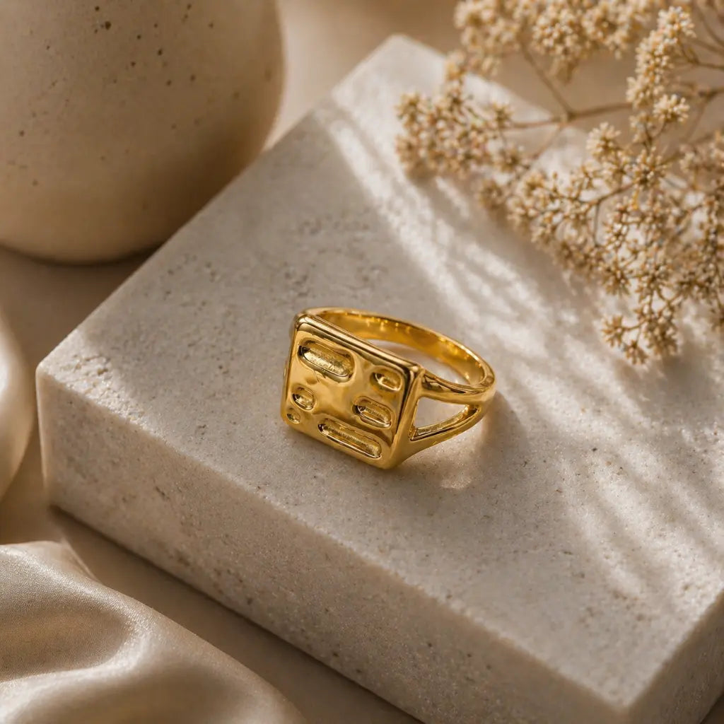 Geo-Matrix Textured Square Signet Ring 18K Gold Plated