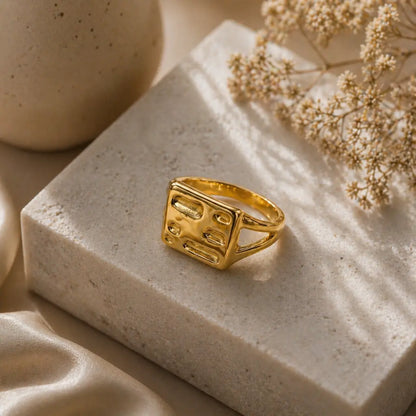 Geo-Matrix Textured Square Signet Ring 18K Gold Plated
