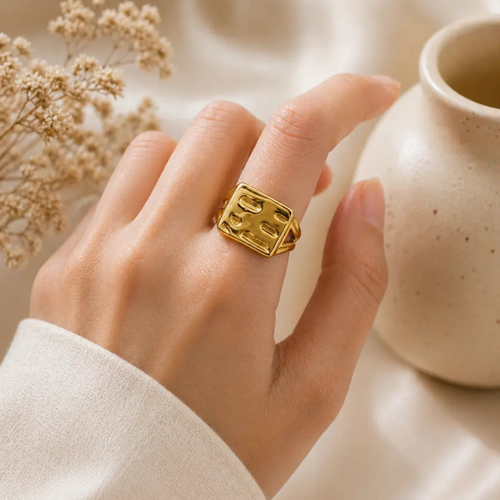 Geo-Matrix Textured Square Signet Ring 18K Gold Plated