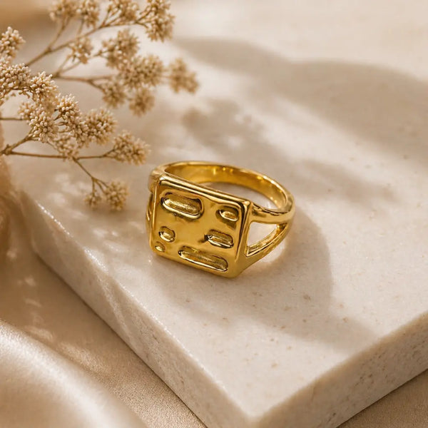 Geo-Matrix Textured Square Signet Ring 18K Gold Plated