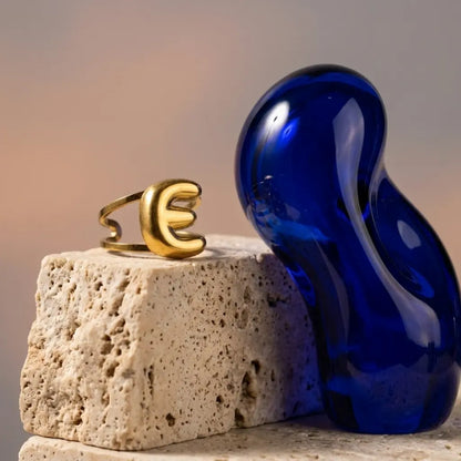 Puff Balloon Initial E Adjustable Ring 18K Gold Plated