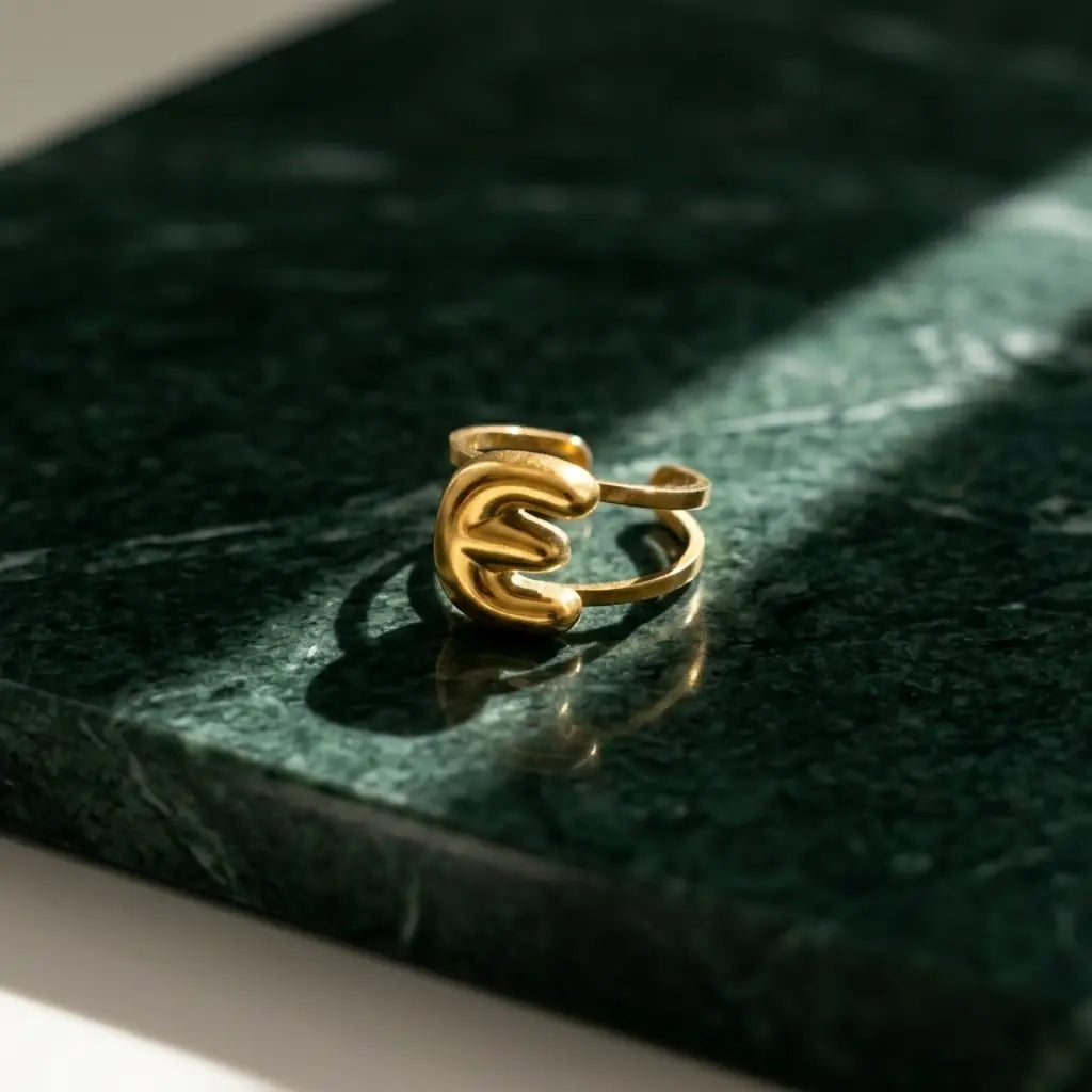 Puff Balloon Initial E Adjustable Ring 18K Gold Plated