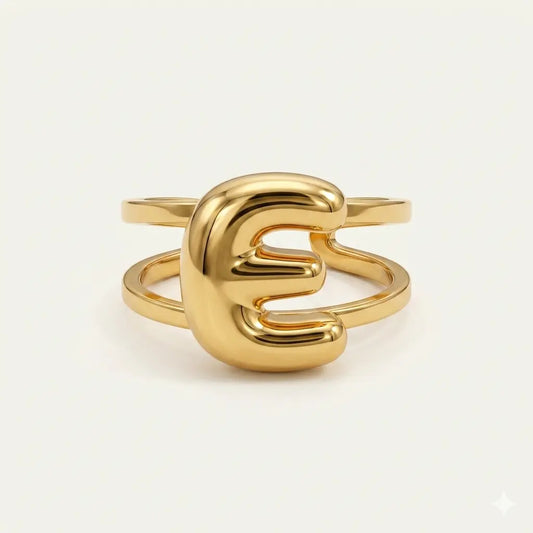 Puff Balloon Initial E Adjustable Ring 18K Gold Plated