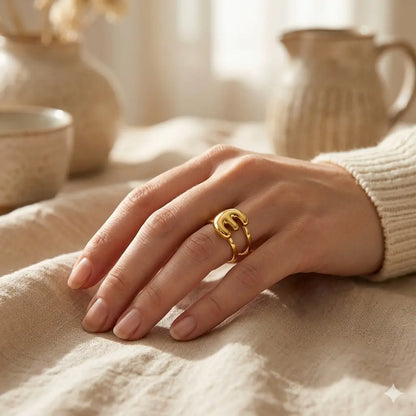 Puff Balloon Initial E Adjustable Ring 18K Gold Plated