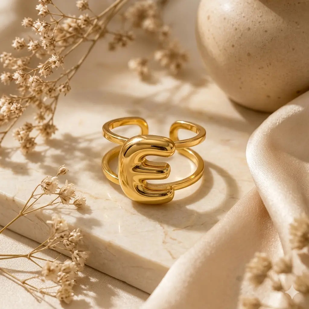 Puff Balloon Initial E Adjustable Ring 18K Gold Plated