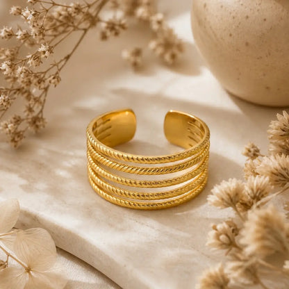 Stellar Five-Row Textured Cuff Ring 18K Gold Plated