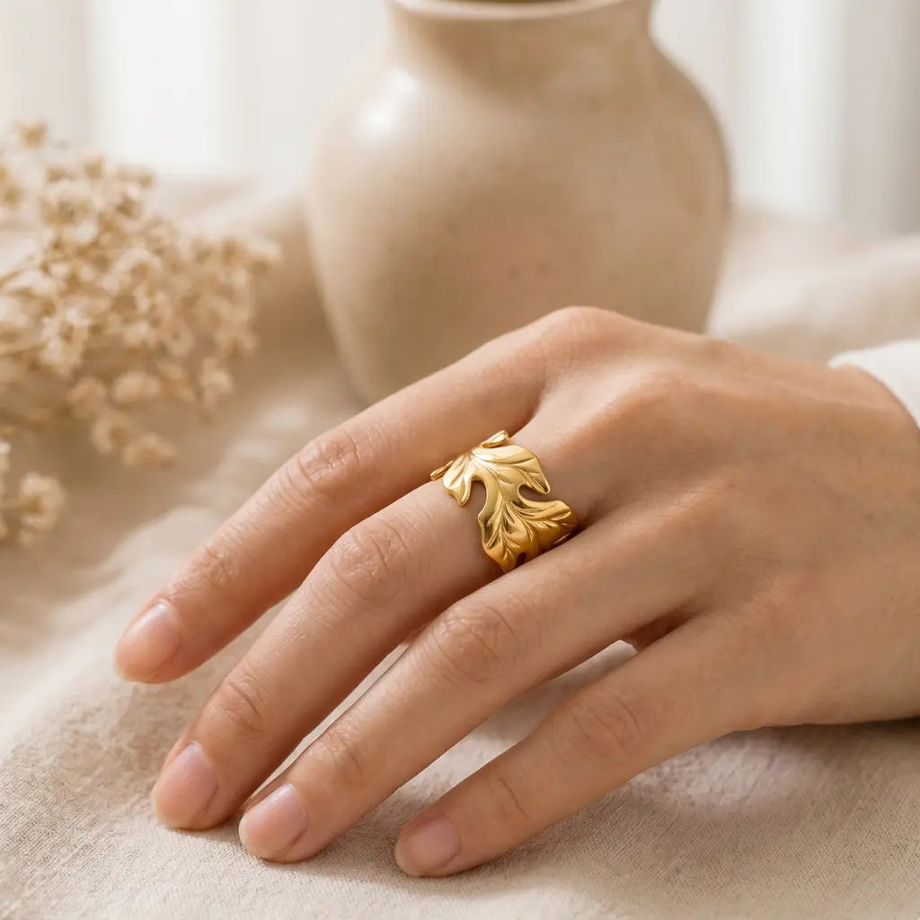 Laurel Leaf Sculpted Statement Ring 18K Gold Plated