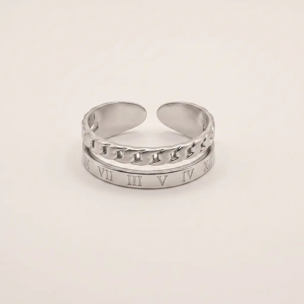 Empire Roman Numeral Layered Chain Ring Sterling Silver