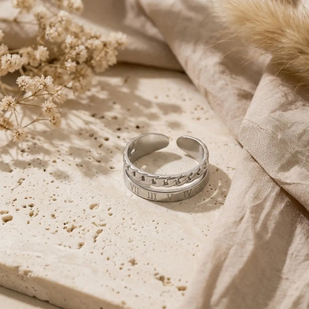Empire Roman Numeral Layered Chain Ring Sterling Silver