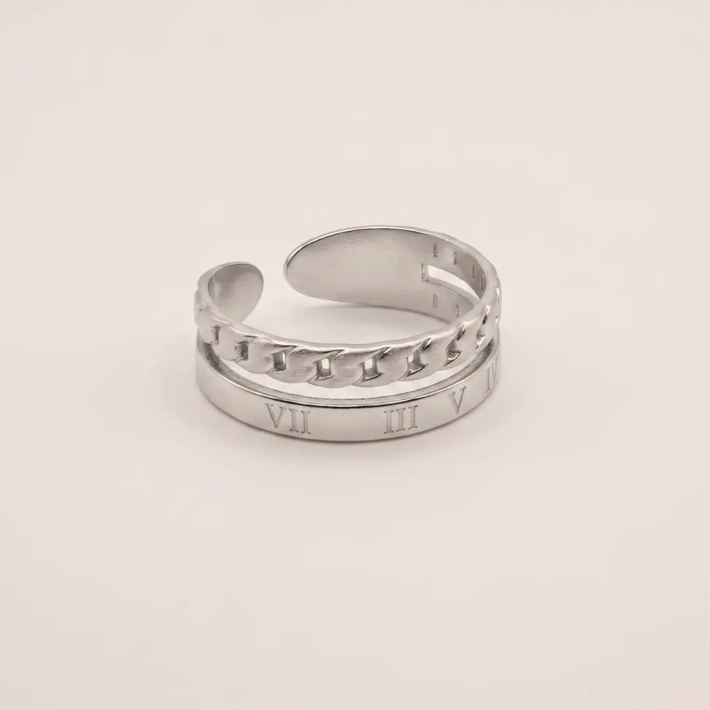 Empire Roman Numeral Layered Chain Ring Sterling Silver
