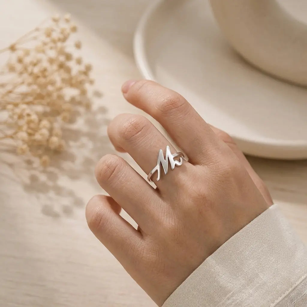 Monogram Script Initial Adjustable Ring Sterling Silver