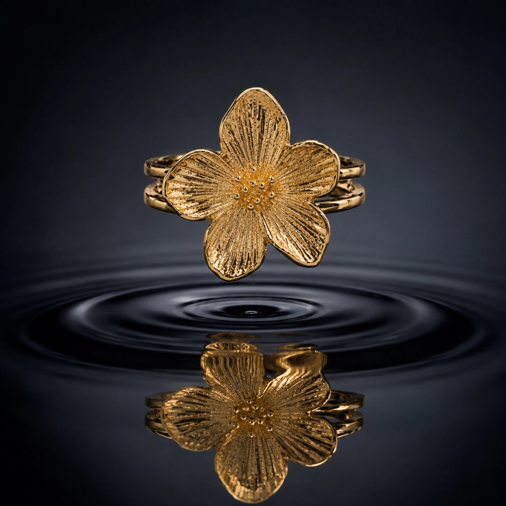 Golden Bloom Floral Ring Adjustable
