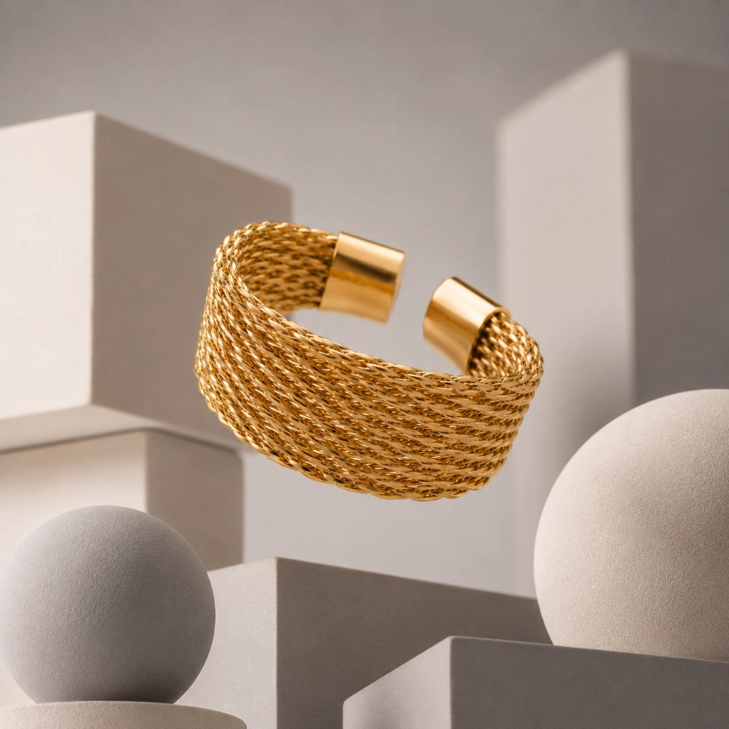 Twisted Mesh Cuff Ring Textured Gold