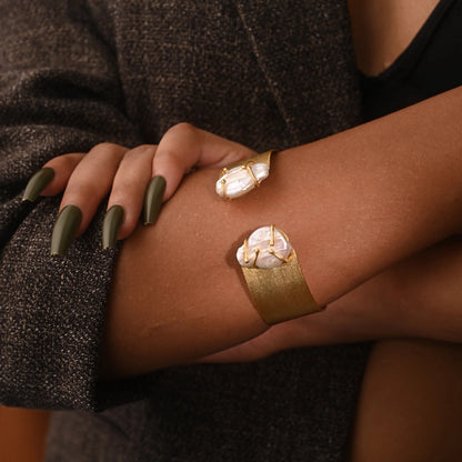 Matte Pearl End Cuff 18K Gold Plated Anti Tarnish