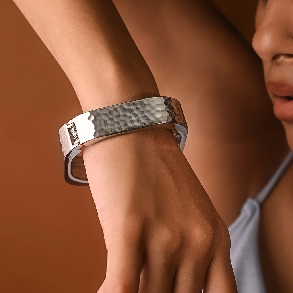 Hammered Sculpt Silver Cuff Anti Tarnish