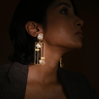 Baroque Pearl Geometric Frame Statement Earrings