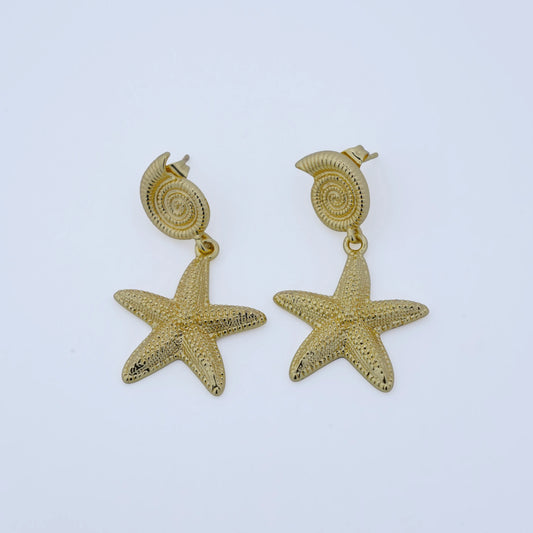 Golden Oceanic Seashell & Starfish Statement Drop Earrings