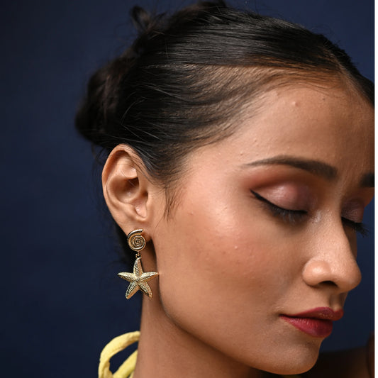 Golden Oceanic Seashell & Starfish Statement Drop Earrings
