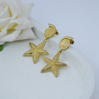 Golden Oceanic Seashell & Starfish Statement Drop Earrings