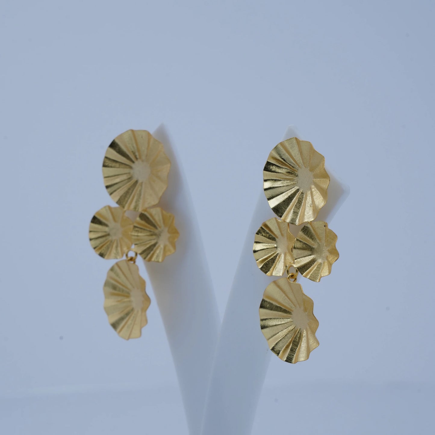 Golden Sunburst Pleated Disc Tiered Statement Earrings