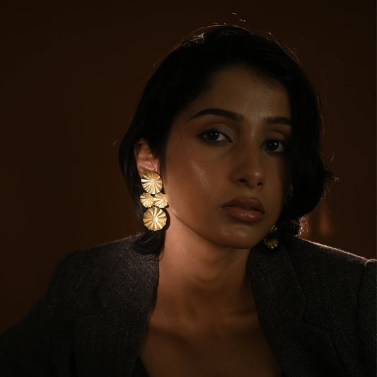 Golden Sunburst Pleated Disc Tiered Statement Earrings