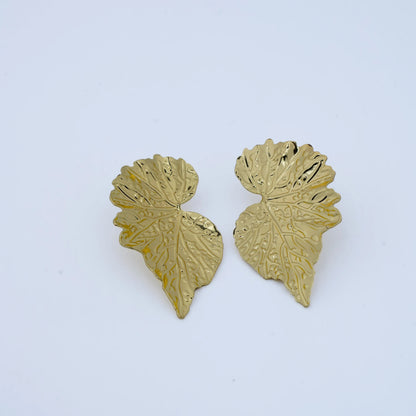 Golden Tropical Leaf Statement Stud Earrings