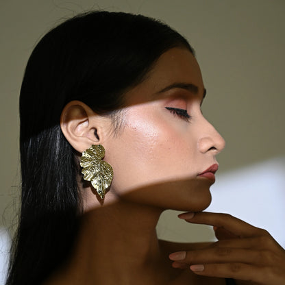 Golden Tropical Leaf Statement Stud Earrings