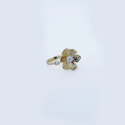Pearl-Accented Golden Floral Blossom Ring